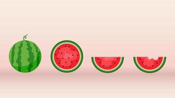 watermeloen en sappige plakjes vector set, platte ontwerp van groene bladeren en watermeloen bloem illustratie, vers en sappig fruit concept van zomervoedsel.