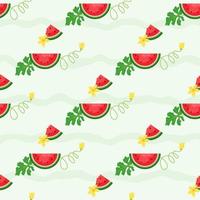 watermeloenachtergrond en naadloos patroon, vlak ontwerp van groene bladeren en bloem en watermeloensapillustratie, vers en sappig fruitconcept de zomervoedsel. vector