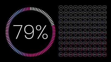 set gradiëntcirkelpercentagemeters van 0 tot 100 voor infographic, gebruikersinterfaceontwerp ui. kleurrijke cirkeldiagram downloaden voortgang van paars naar wit op witte achtergrond. cirkel diagram. vector
