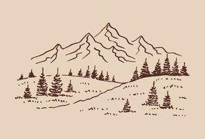 landschap met bergen en bos. handgetekende illustratie geconverteerd naar vector. vector