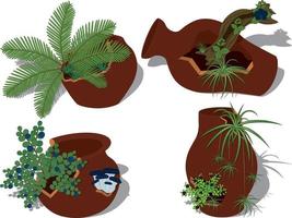 potplanten collectie, planten in gebarsten gebroken potten vectorillustratie vector