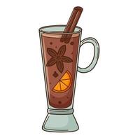 een glas glühwein met sinaasappel, kaneel en steranijs. een warme, verwarmende drank. ontwerpelement met omtrek. krabbel, met de hand getekend. plat ontwerp. kleur vectorillustratie. geïsoleerd op witte achtergrond vector