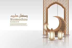 realistische ramadan kareem achtergrond met maan en lantaarn ornament in top islamitisch frame premium vector