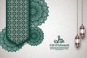 eid mubarak islamitische achtergrond groene mandala met lantaarn opknoping en frame vector