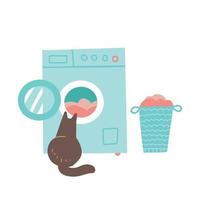 kat op zoek in open wasmachine. wasmachine en wasmand met kleding. gezellig huisconcept. platte vectorillustratie. vector