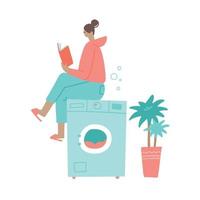 jonge vrouw die op de wasmachine zit en een boek leest terwijl ze aan het einde van de wascyclus wacht. huisvrouw doet routine. vector platte hand getekende illustratie.