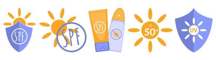 set van zonbescherming vector iconen. schild dat beschermt tegen uv-straling, spf 50, zonnebrandlotion.