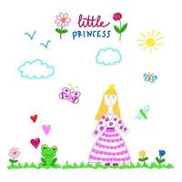 kleine prinses en kikker op het gras in een zonnige dag. kinder tekening. sprookje geïsoleerde vectorillustratie vector