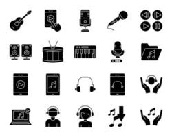 muziek vector icon set. instrument, toon. solide pictogramstijl, glyph. mobiel concept app icoon en webdesign. eenvoudig ontwerp illustratie bewerkbaar