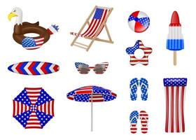 4 juli strandfeestelementen. set van geïsoleerde zomer elementen met usa vlag kleuren. Amerikaanse onafhankelijkheidselementen. vector