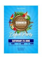hallo zomer achtergrond. beach party poster met houten scheepswiel en tropische bladeren vector