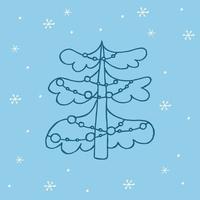 een handgetekende kerstboom. vectorillustratie in doodle stijl. winterse stemming. hallo 2023. prettige kerstdagen en gelukkig nieuwjaar. donkerblauw element met witte sneeuwvlokken op een blauwe achtergrond. vector