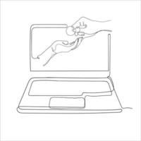 doorlopende lijntekening hand geven en ontvangen van munt op laptop symbool voor digitale liefdadigheid of betalingsillustratie vector