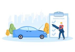 auto-inspectie van het station detecteert fouten, stelt een checklist op van alle storingen, reparatie en analyse transport in platte cartoonillustratie vector