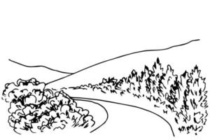 eenvoudige inkt vector tekening. berg silhouet aan de horizon, weg, bomen, struiken, heuvels. natuur, landelijk landschap, wandeling in het park. voor print, toerisme, reizen, vrije tijd.