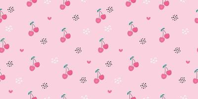 naadloos patroon van kersenfruit met groene bladeren, stippen en harten. vectorillustratie. schattig cartoon fruitpatroon, ontwerp om af te drukken, inpakpapier, verpakking, web, stof, textiel, fruitwinkels vector