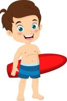 cartoon jongen surfer met surfplank vector