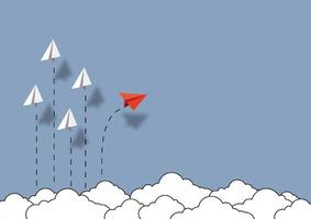 bedrijfsconcept. rood papieren vliegtuigje vliegen veranderende richting op blauwe hemel van zakelijk teamwerk en een andere visie. leider, nieuw idee, baas, manager, winnaarconcept, trend. vector illustratie