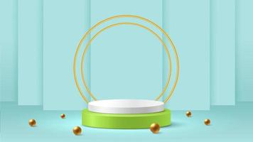 abstracte witte en groene cilinder sokkel podium met gouden bol, gouden ronde op mint groene achtergrond. 3D-vectorillustratie. vector