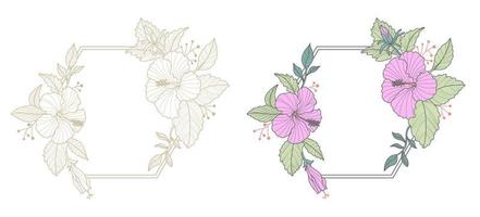 bloemenframe met zeshoekige rand. tropische bloemen . magenta hibiscusbloem vector