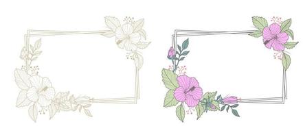 bloemframe met rechthoekige rand. tropische bloemen . magenta hibiscusbloem vector