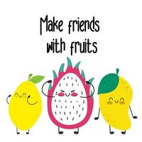 leuke grappige karakters geïsoleerd. veganistische slogan motivatie. maak vrienden met fruitplanten. gezonde levensstijl. vector