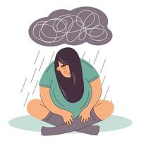 vrouw lijdt aan depressie psychische aandoeningen. zittend onder regenwolk met zware gedachten. verdrietig en ongelukkig. bipolaire stoornis. vector