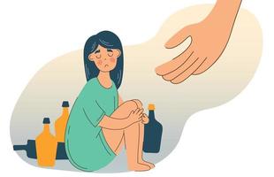 alcoholmisbruik en depressie probleem van vrouwelijke. hulp aan vrouw met alcoholismeconcept vector