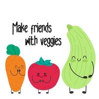 leuke grappige karakters geïsoleerd. veganistische slogan motivatie. maak vrienden met groentenplanten. gezonde levensstijl. vector