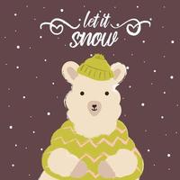 lama winter in muts en sjaal schattig hallo december laat het sneeuwen vector