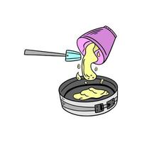 het deeg in een ovenschaal gieten. grafische illustratie van het koken van cake. keukengerei in doodle-stijl. vector