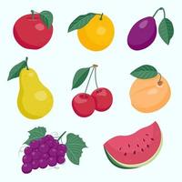 schattige heldere kleuren van fruit vector collecties. set van fruit zijn appel, citroen, banaan, sinaasappel, peer, ananas, druiven, kersen, aardbeien en bosbessen. beschikbaar in eps10.