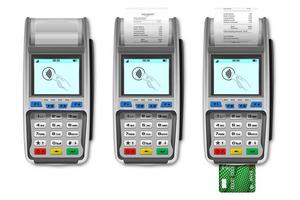 vector 3D-realistische betalingsmachine set. pos terminal, papieren ontvangstbewijs, creditcard geïsoleerd. ontwerpsjabloon, bankbetaalterminal, mockup. verwerking van nfc-betalingen apparaat. bovenaanzicht