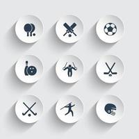 sport, spellen, competitie pictogrammen op ronde 3D-vormen, ping-pong, voetbal, bowling, cricket, voetbal, hockey pictogram, vectorillustratie vector