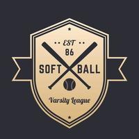 softbal vintage logo, badge, embleemontwerp met gekruiste vleermuizen, goud op donker, vectorillustratie vector