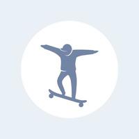 skateboarden pictogram, man op skateboard vector silhouet geïsoleerd op wit, vectorillustratie