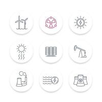 macht, pictogrammen van de energieproductielijn, energie, zonne-, wind-, kernenergiepictogrammen, ronde iconen set, vectorillustratie vector