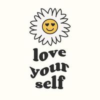 hou van jezelf. slogan print met groovy bloemen, jaren 70 groovy thema hand getekende abstracte grafische tee vector sticker