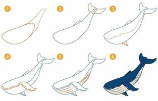 instructies voor het tekenen van walvis. volg stap voor stap voor het tekenen van walvis. werkblad voor kinderen die zeezoogdieren leren tekenen. spel voor kind vector pagina. schema voor het tekenen van walvis.