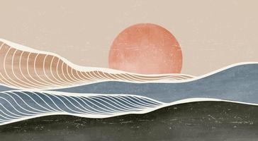 oceaangolf en berg. creatieve minimalistische moderne verf en line art print. abstracte hedendaagse esthetische achtergronden landschappen. met zee, skyline, golf. vectorillustraties vector