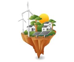 plat isometrische illustratie concept. groen land met zonnepaneel energiehuis en windmolen vector