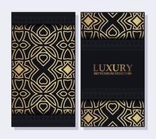 luxe visitekaartje en vintage ornament logo vector sjabloon. retro elegant bloeit sierkaderontwerp en patroonachtergrond