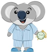 slaperige koalabeer die een pyjama draagt en een wekker vasthoudt vector