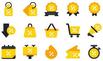 set van vector iconen gerelateerd aan korting. bevat pictogrammen zoals tag, korting, promotie, mand, winkelen, hete verkoop en meer.
