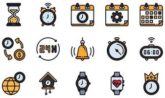 set van vector iconen gerelateerd aan tijd. bevat pictogrammen zoals zandloper, wekker, tijdbeheer, kalender, tijd is geld, stopwatch en meer.