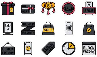 set van vector iconen gerelateerd aan zwarte vrijdag. bevat pictogrammen zoals geschenkdoos, cadeaubon, lage prijs, online verkoop, online winkel, verkoop en meer.