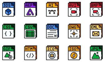 set van vector iconen met betrekking tot bestanden. bevat pictogrammen zoals avi-files, ai-bestanden, avi-bestanden, doc-bestanden, gif-bestanden, jpg-bestanden en meer.