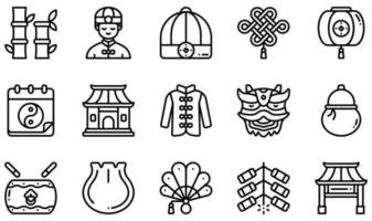 set van vector iconen gerelateerd aan chinees nieuwjaar. bevat iconen als bamboe, chinese hoed, chinese lantaarn, chinees nieuwjaar, knoedel, vuurwerk en meer.