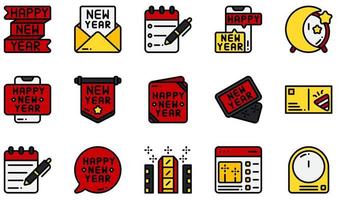 set van vector iconen gerelateerd aan het nieuwe jaar. bevat iconen als gelukkig nieuwjaar, uitnodiging, lijst, nieuwjaar, ansichtkaart, times square en meer.