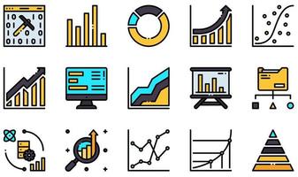 set van vector iconen met betrekking tot data-analyse. bevat pictogrammen zoals mijnbouw, staafdiagram, cirkeldiagram, groeigrafiek, spreidingsplot, gegevensrapport en meer.